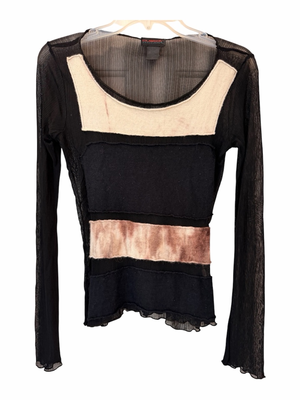 Custo Barcelona long sleeve black mesh crew neck top front fabric coverage, Sz 4